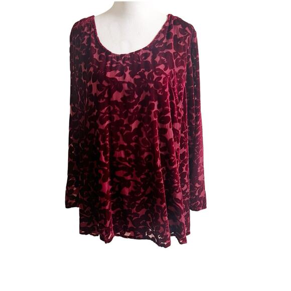 Jessica London Plus Size 30/32 Velvet Burnout Blouse Floral Dark Red Holiday - Picture 1 of 8
